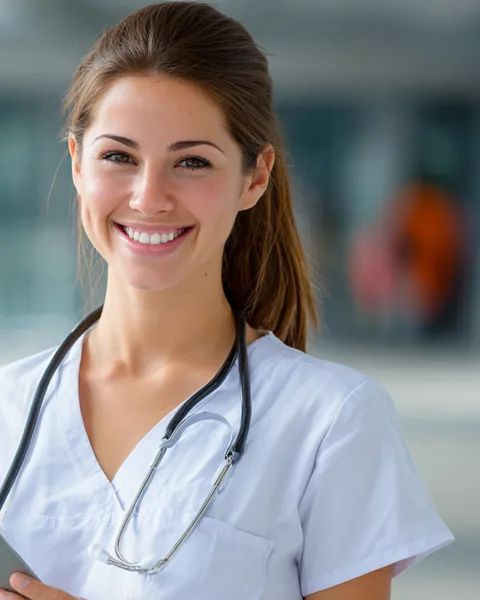 Técnica de enfermagem sorrindo, de jaleco branco com estetoscópio