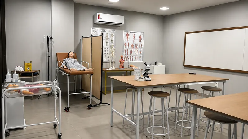 Laboratório de Enfermagem da Academy Educação em Fortaleza - Ceará, com manequim de simulação, cama hospitalar, berço e bancadas
