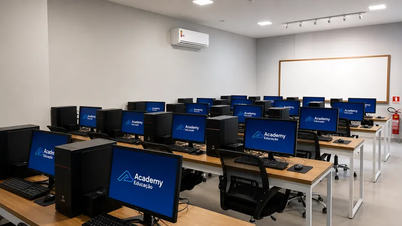 Laboratório de Informática da Academy Educação em Fortaleza - Ceará, com computadores em bancadas
