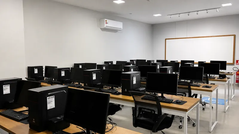 Laboratório de Informática da Academy Educação em Fortaleza - Ceará, vista lateral das bancadas