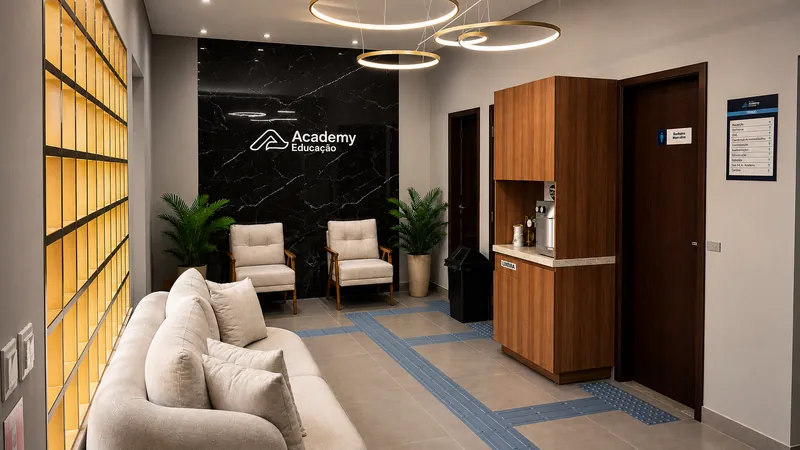 Recepção da Academy Educação em Fortaleza - Ceará, com sofá e poltronas