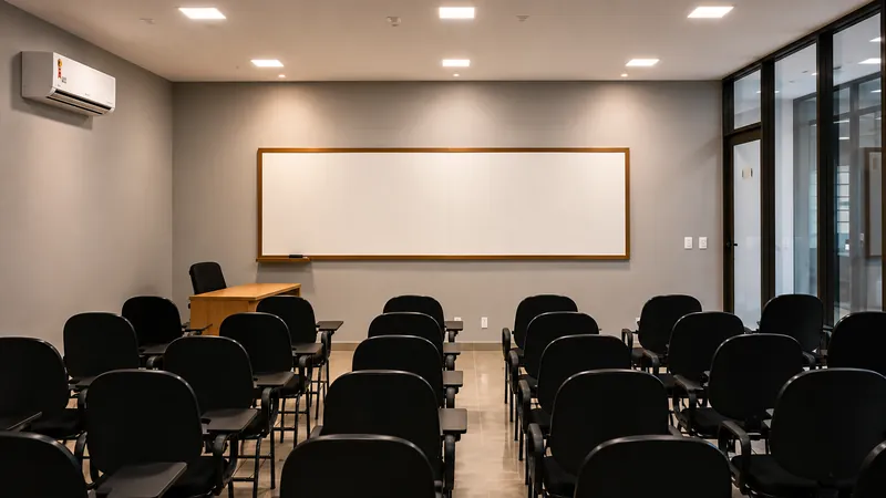 Sala de aula da Academy Educação em Fortaleza - Ceará, com cadeiras universitárias e lousa