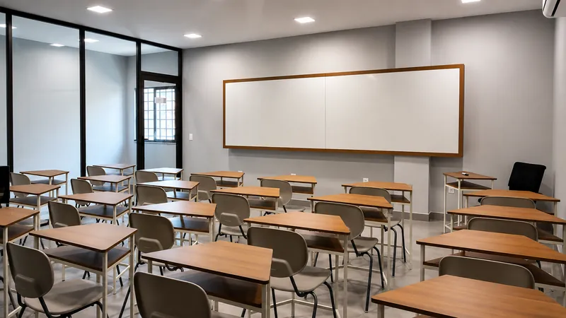 Sala de aula da Academy Educação em Fortaleza - Ceará, com mesas e lousa